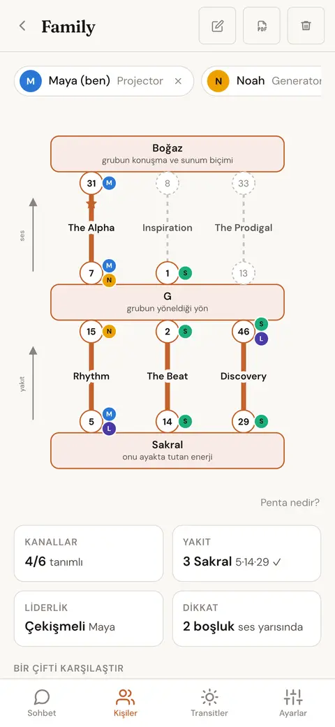 Bir grubun Penta diyagramı: Boğaz, G ve Sakral merkezleri ve her kapıyı taşıyan üye