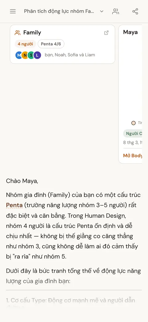 Thẻ cá nhân và thẻ nhóm trong câu trả lời của AI về động lực của một nhóm gia đình