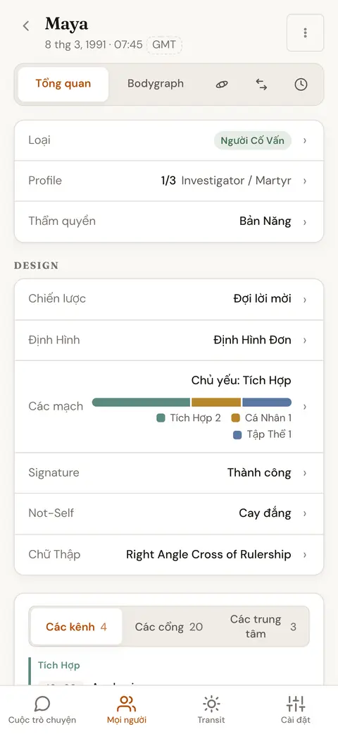 Tổng quan biểu đồ của một người, gồm loại năng lượng, Profile, thẩm quyền, chiến lược, Định Hình và Chữ Thập Hóa Thân