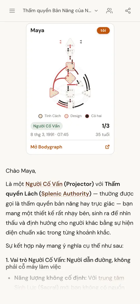 AI giải thích ý nghĩa của việc là Người Cố Vấn có thẩm quyền Bản Năng, với thẻ biểu đồ của người này phía trên câu trả lời