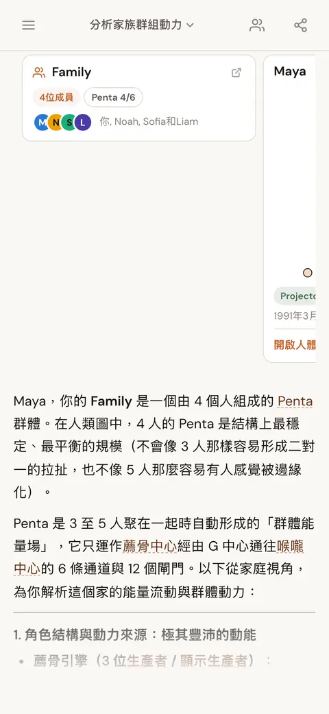 AI 對話回覆中顯示的人物卡片和群組卡片，內容談到一個家族群組的互動