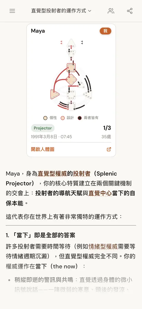 AI 對話說明擁有直覺型權威的投射者代表什麼，回覆上方顯示此人的人類圖卡片